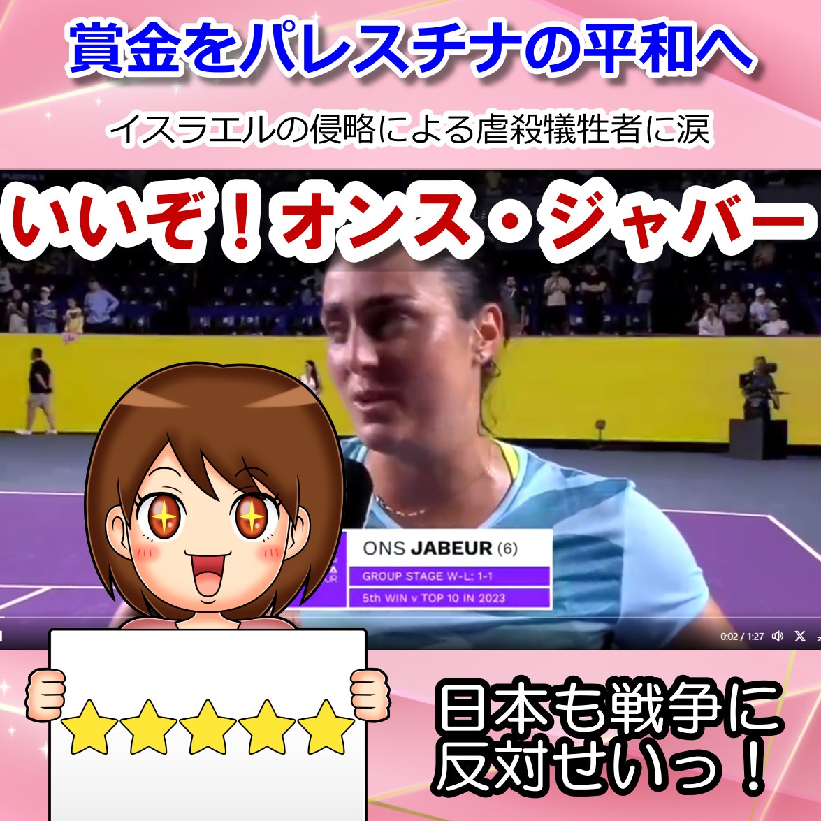WTA女子テニス勝利選手・賞金を虐殺被害のパレスチナへ寄付