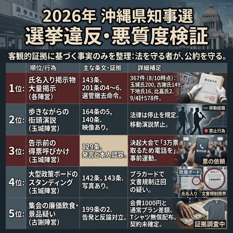 沖縄県知事選2026の選挙違反、悪質度ランキング